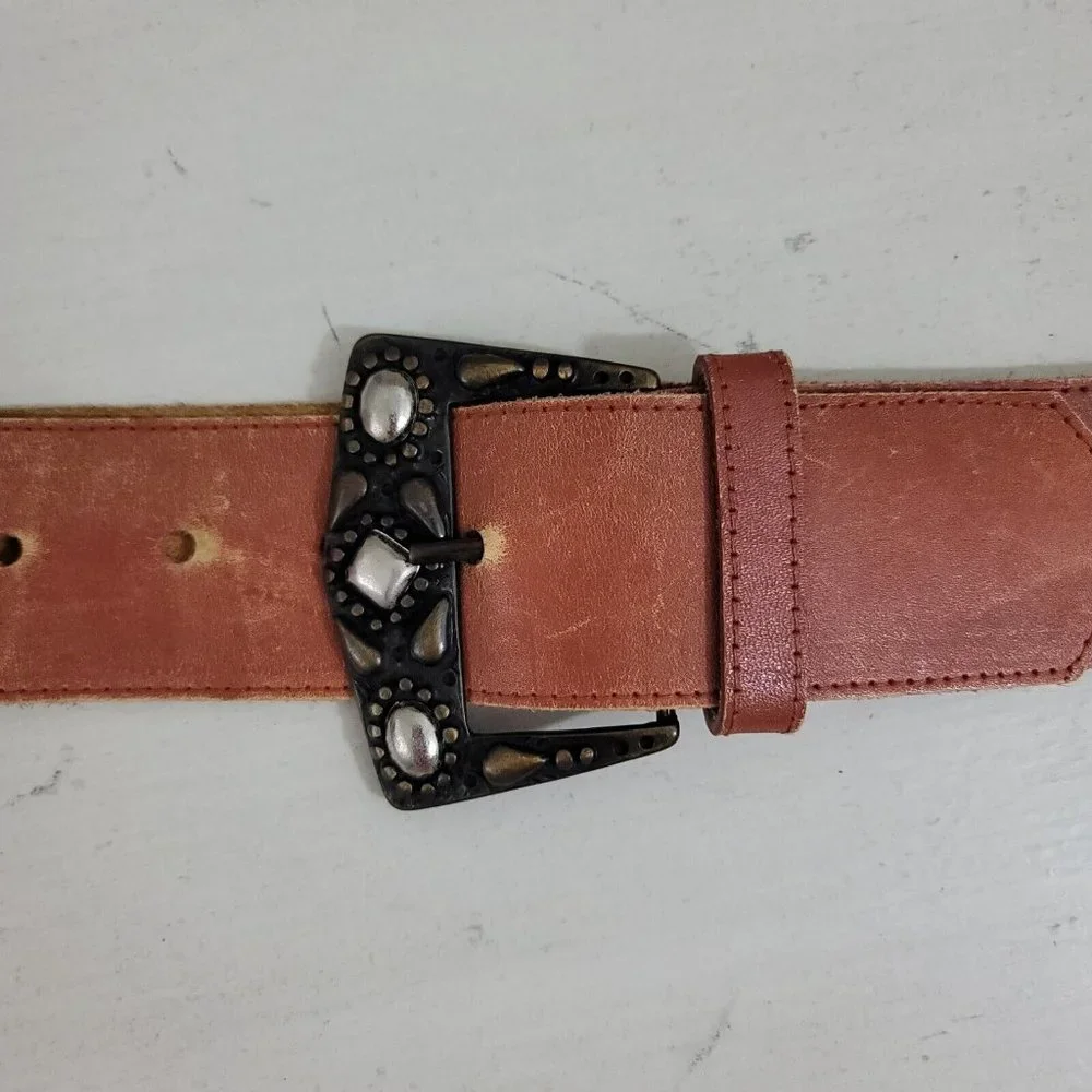 Studded Belt Womens Medium Brown Leather Sepia Tan Western Boho Embellished - Picture 3 of 10